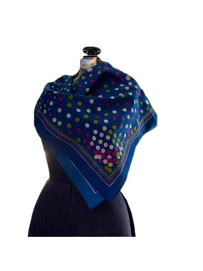 Vintage blue square scarf striped border and polka dots